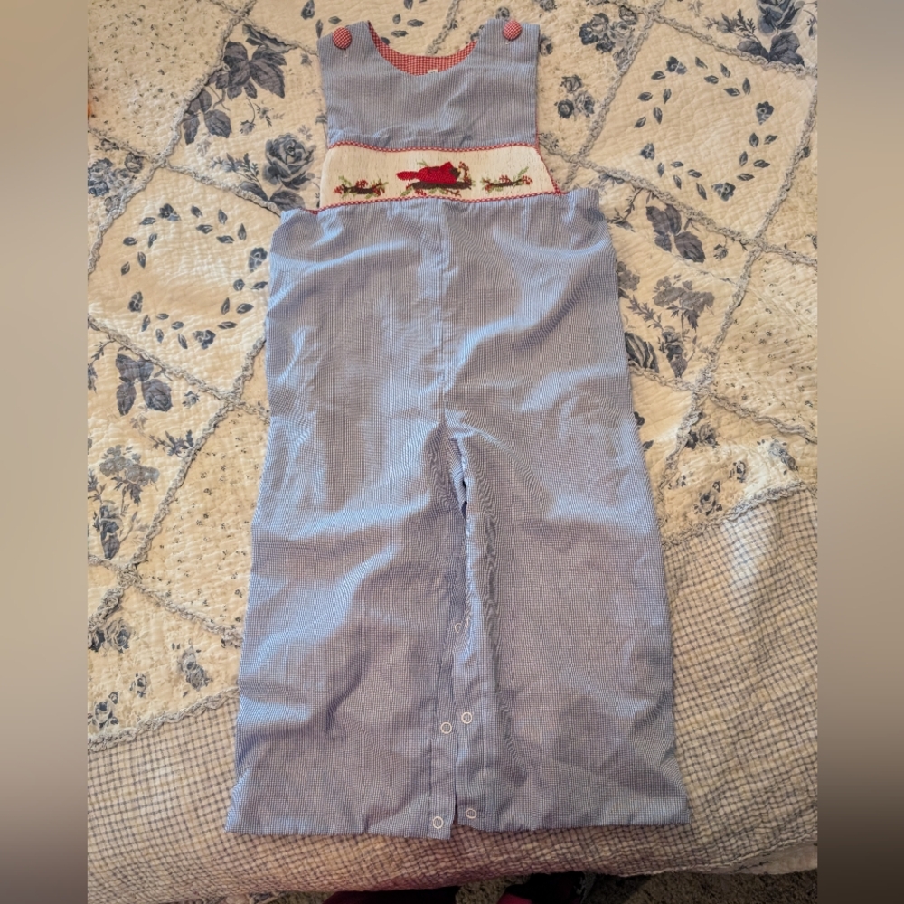 Blue Baby Romper with Smocked Cardinal